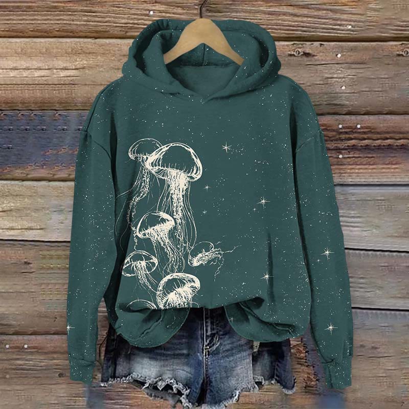 Jellyfish Swimming In A Star Speckled Universe Print Long Sleeve Hoodie - Green - US44-46(8XL) - image 3