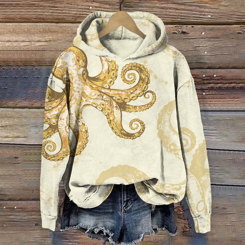 Vintage Style Octopus Art Print Long Sleeve Hoodie - Apricot - US44-46(8XL) - image 1