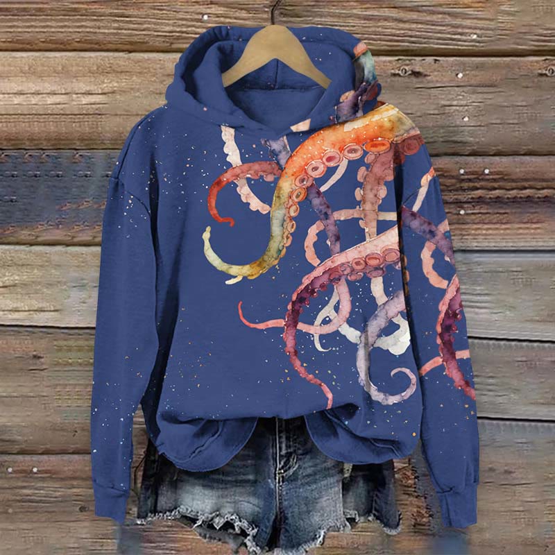 Colorful Octopus Watercolor Art Print Long Sleeve Hoodie - Blue - US44-46(8XL) - image 3