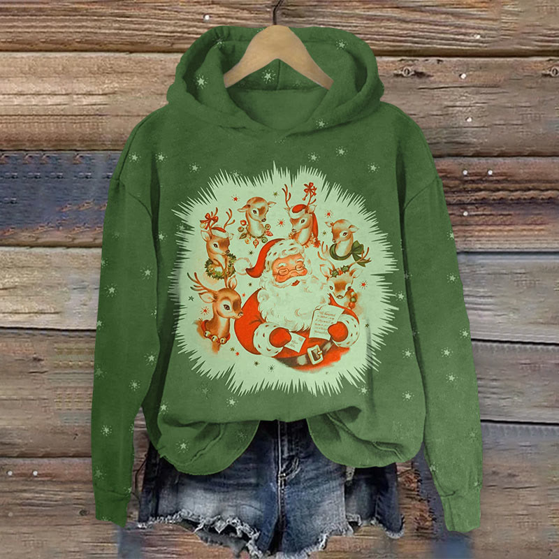 Christmas vintage santa with Elk Print Long Sleeve Hoodie - Green - US44-46(8XL) - image 1