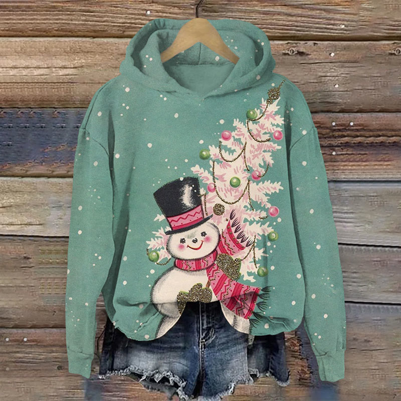Vintage Christmas Snowman With Christmas Tree Print Long Sleeve Hoodie - Green - US44-46(8XL) - image 1