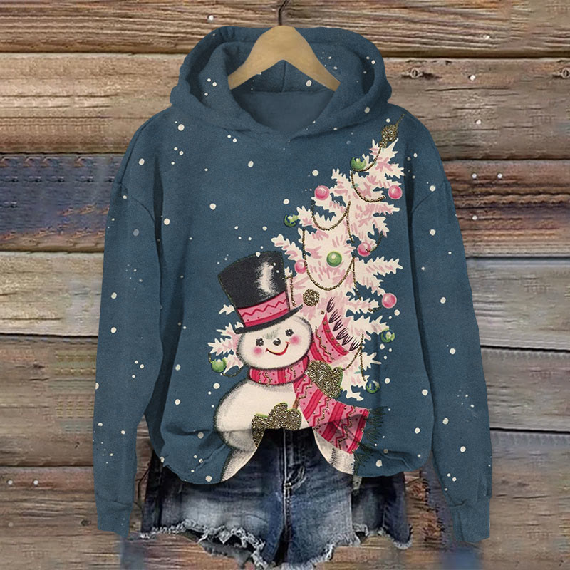 Vintage Christmas Snowman With Christmas Tree Print Long Sleeve Hoodie - Navy Blue - US44-46(8XL) - image 2