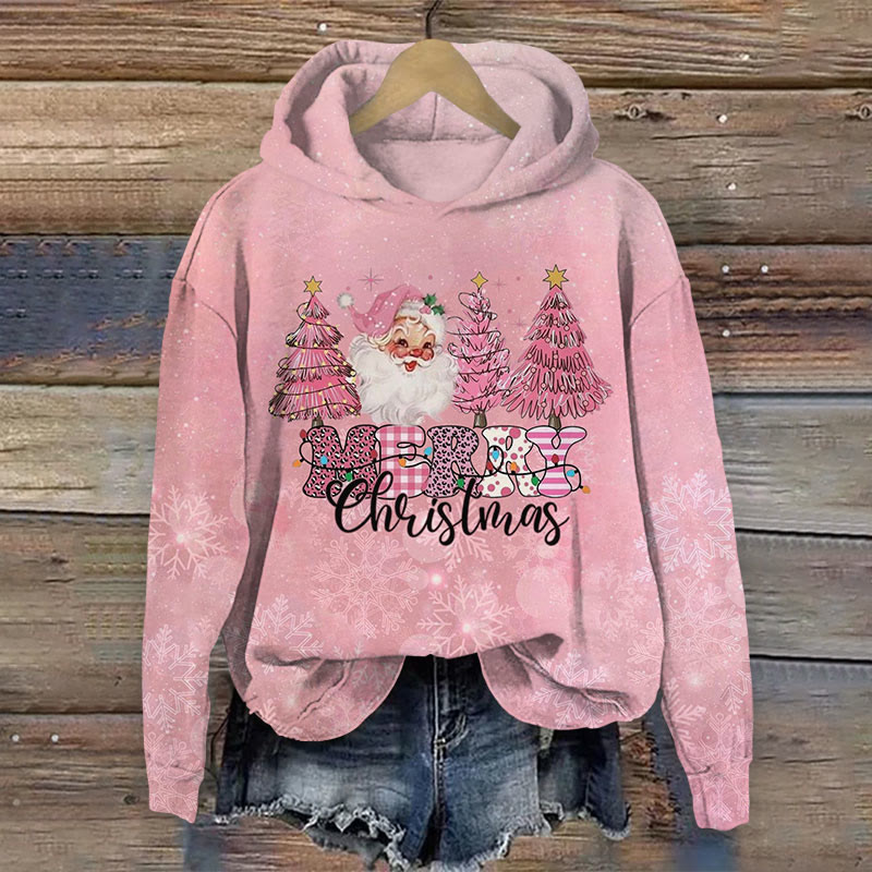 Christmas Tree With Snow Flower Print Long Sleeve Hoodie - Pink - US44-46(8XL) - image 1