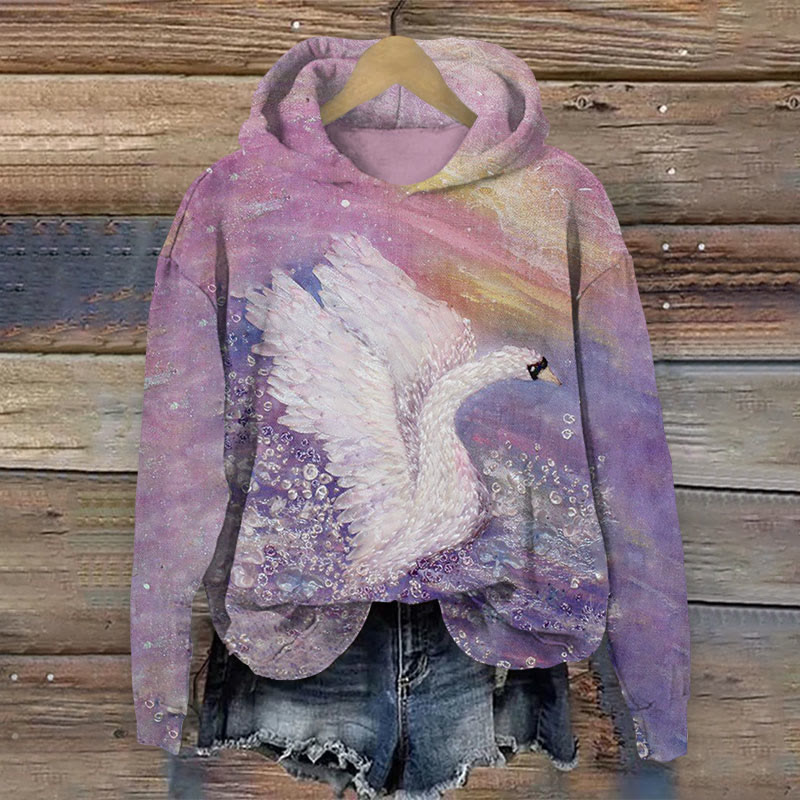 Colorblock Art Swan Taking Offprint Long Sleeve Hoodie - Purple - US44-46(8XL) - image 1