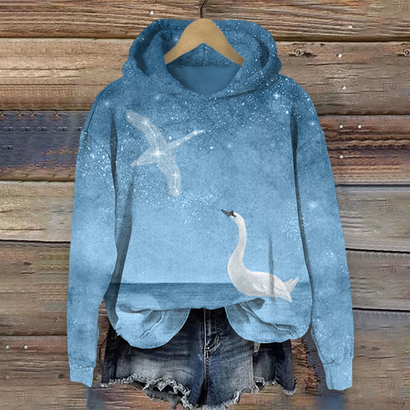 Swan Taking Off In The Starry Sky Print Long Sleeve Hoodie - Blue - US44-46(8XL) - image 2