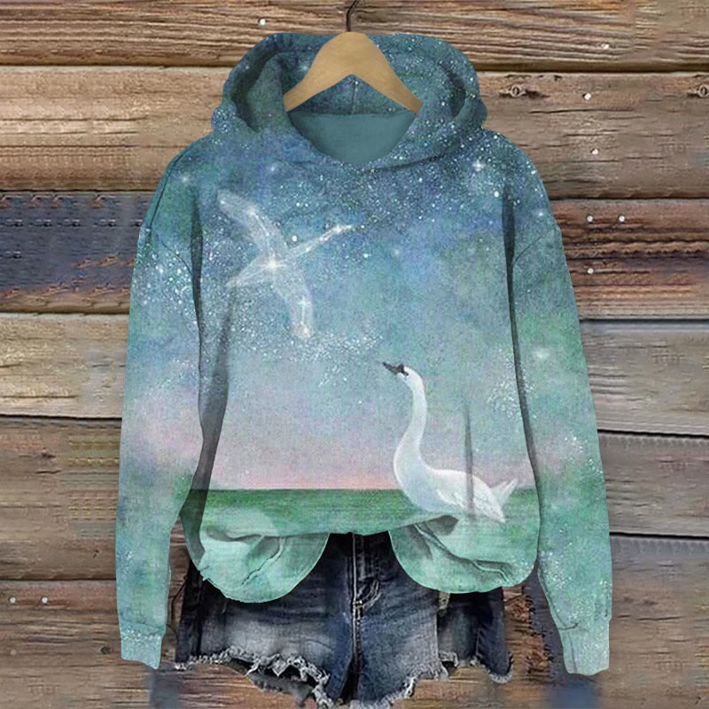 Swan Taking Off In The Starry Sky Print Long Sleeve Hoodie - Green - US44-46(8XL) - image 1
