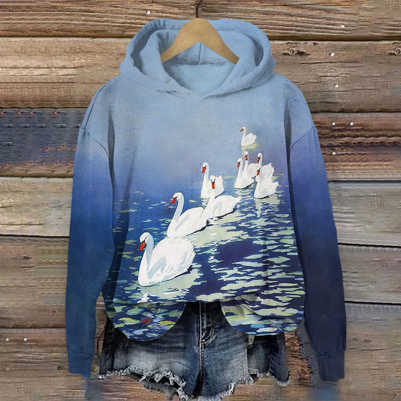  A Group Of Swans Parading In The River Print Long Sleeve Hoodie - Blue - US44-46(8XL) - image 1