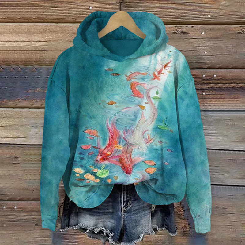 School Of Fish Swim Print Long Sleeve Hoodie - Lake Blue - US44-46(8XL) - image 1