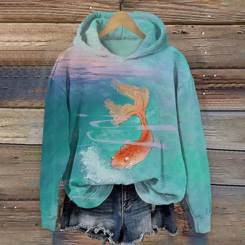 Ombre Watercolor Art Fish Print Long Sleeve Hoodie - Green - US44-46(8XL) - image 1
