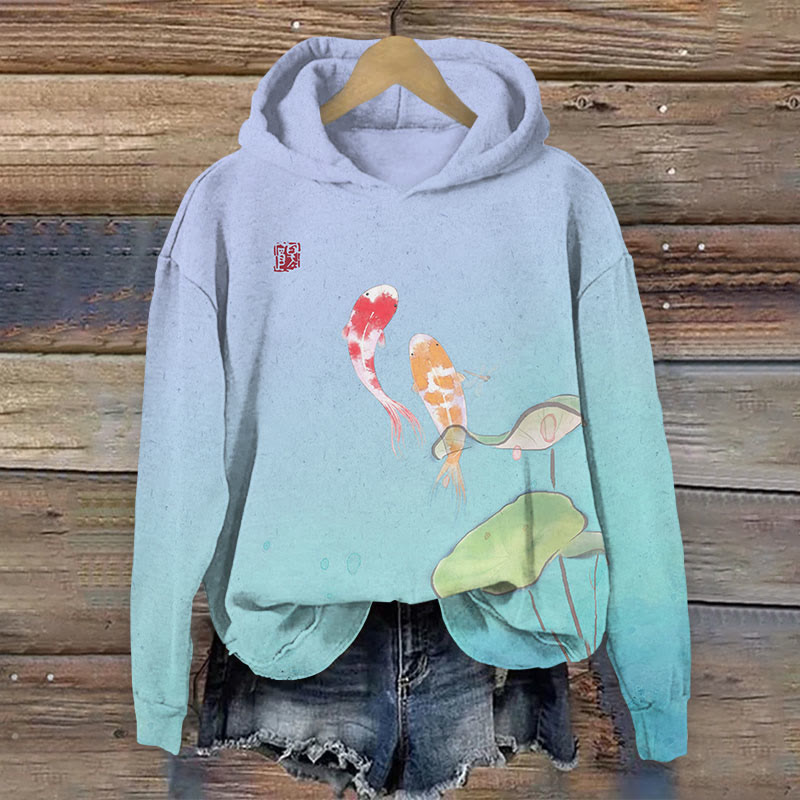 Ombre color Fish in pond Print Long Sleeve Hoodie - Blue - US44-46(8XL) - image 1