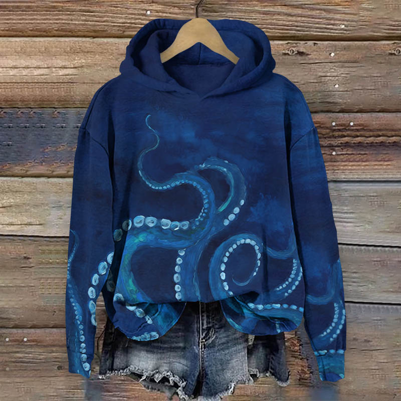 Creative Watercolor Octopus Tentacles Art Print Long Sleeve Hoodie - Blue - US44-46(8XL) - image 1