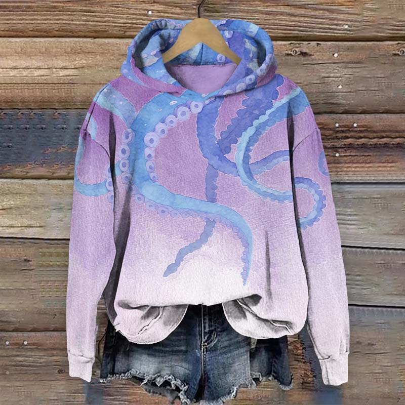 Vintage Ombre Abstract Octopus Tentacles Art Print Long Sleeve Hoodie - Purple - US44-46(8XL) - image 1