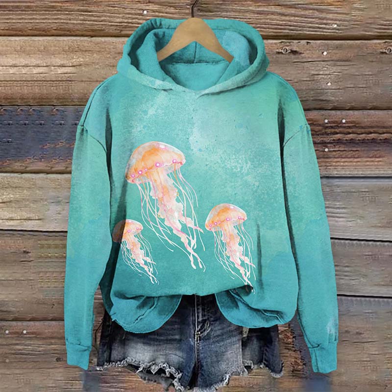 Lovely Dancing Jellyfish Art Print Long Sleeve Hoodie - Green - US44-46(8XL) - image 1