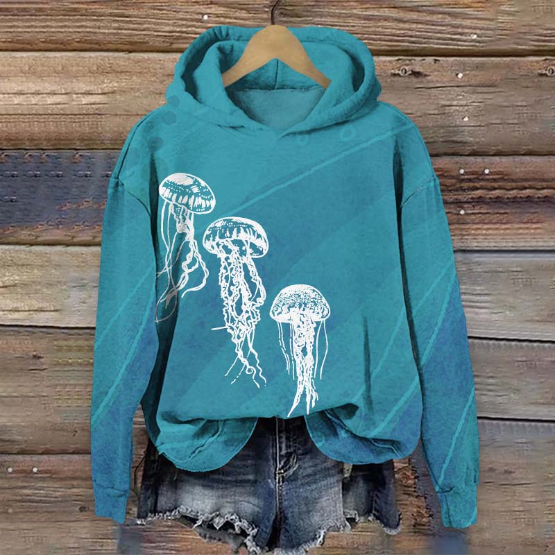 Funny Transparent Jellyfish Art Print Long Sleeve Hoodie - Green - US44-46(8XL) - image 1