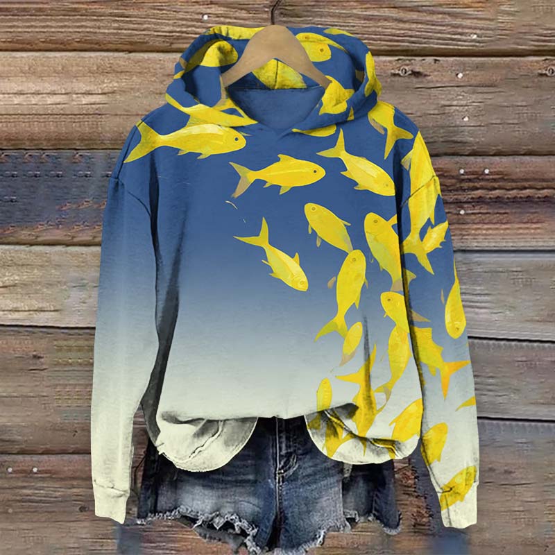 Oil Painting Golden Yellow Fish Art Print Long Sleeve Hoodie - Blue - US44-46(8XL) - image 1