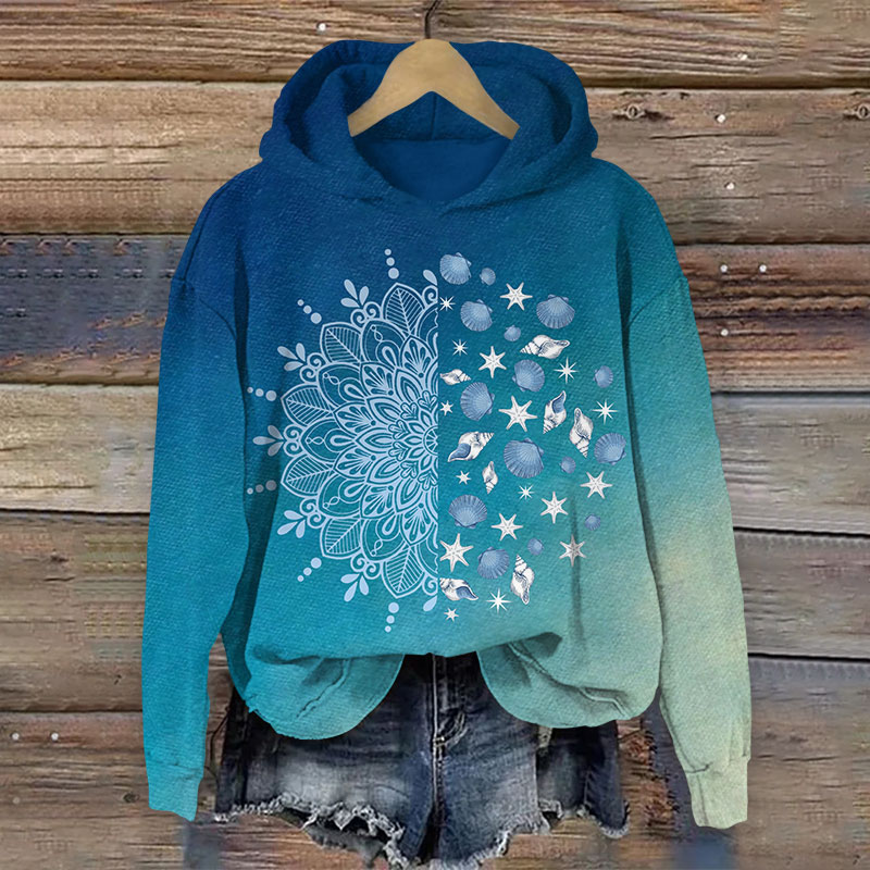 Creative Floral Shells Art Print Long Sleeve Hoodie - Blue - US44-46(8XL) - image 1
