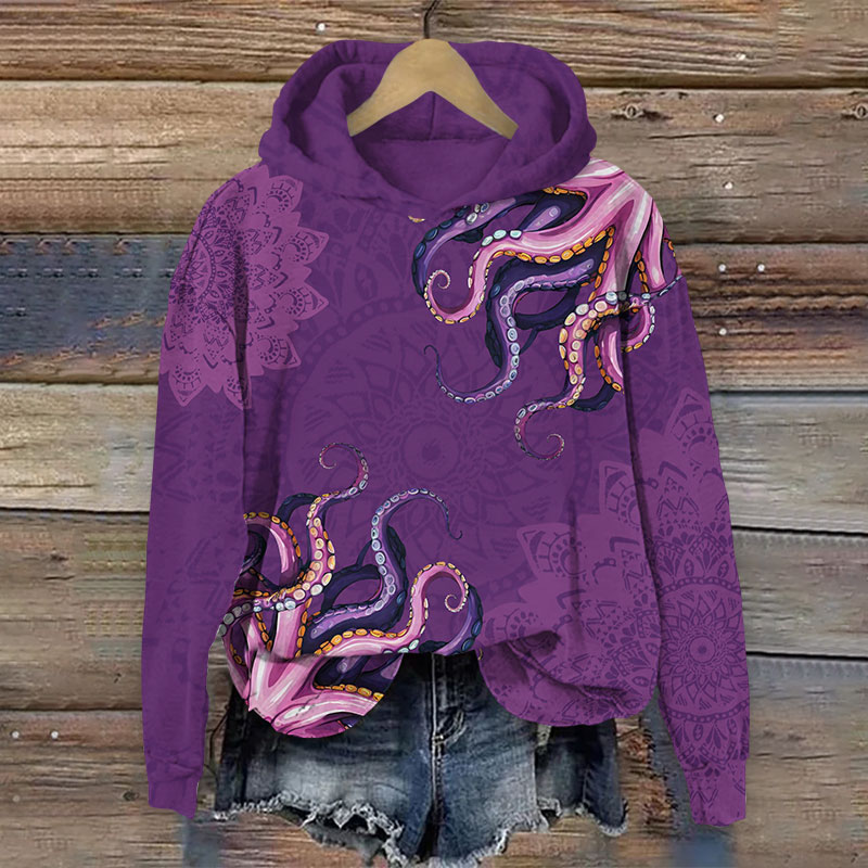 Vintage Flower & Octopus Art Print Long Sleeve Hoodie - Purple - US44-46(8XL) - image 1
