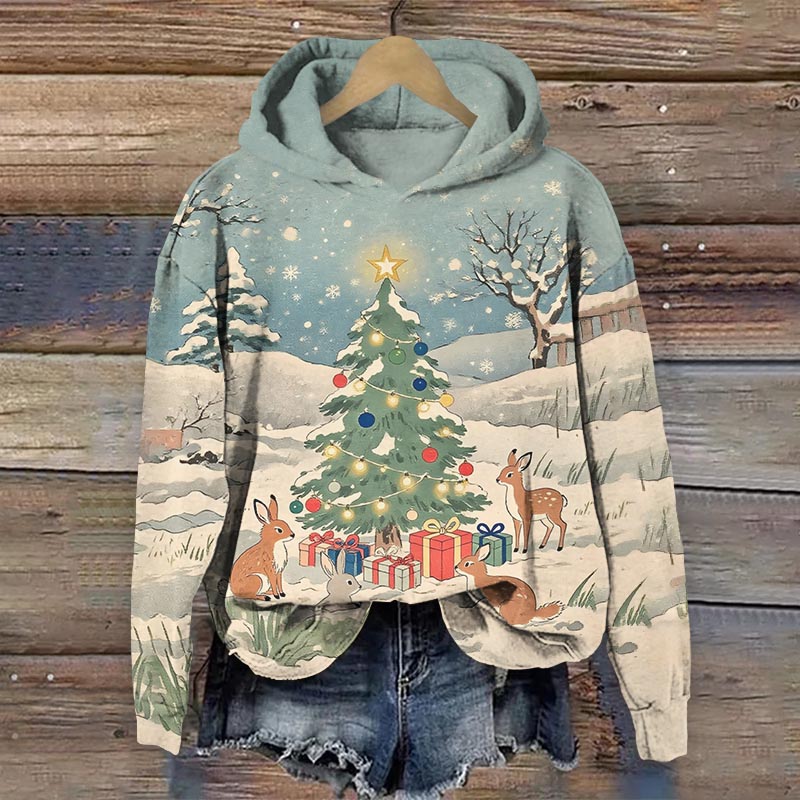 Snowy Winter Cute Animals Around Christmas Tree Art Print Long Sleeve Hoodie - Light Blue - US44-46(8XL) - image 1