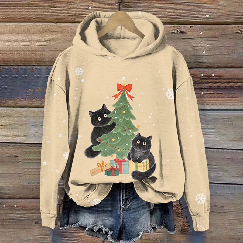 Lovely Black Cat & Christmas Tree Decoration Gifts Art Print Long Sleeve Hoodie - Apricot - US44-46(8XL) - image 1