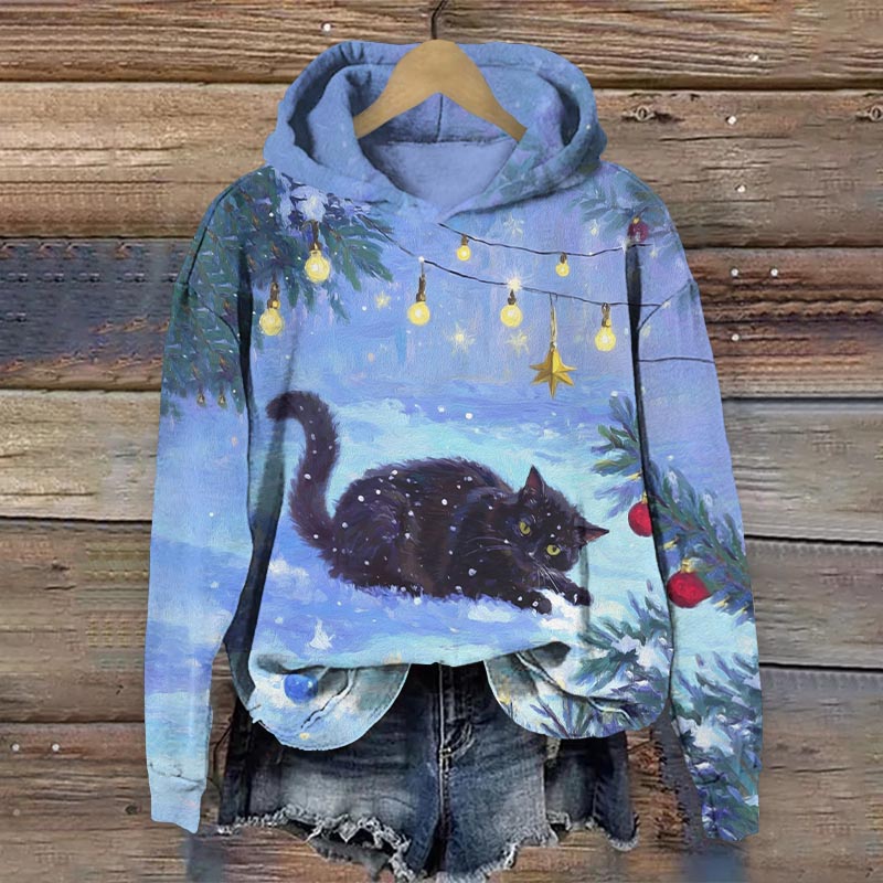 Christmas Winter Piteously Black Cat Art Print Long Sleeve Hoodie - Blue - US44-46(8XL) - image 1