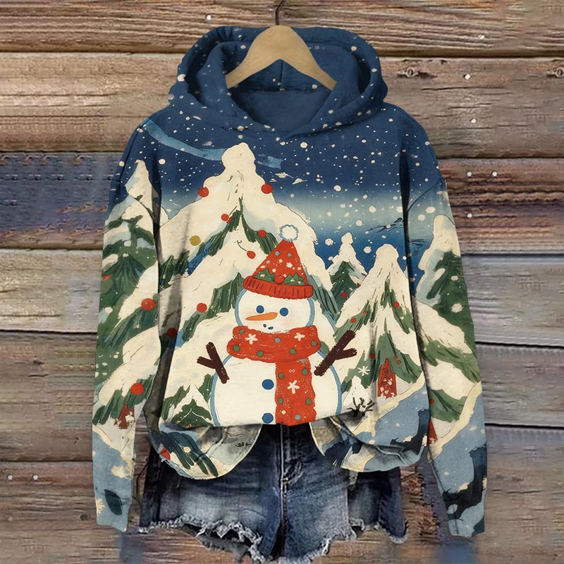 Snowman & Christmas Tree Covered With Snow Art Print Long Sleeve Hoodie - Blue - US44-46(8XL) - image 1