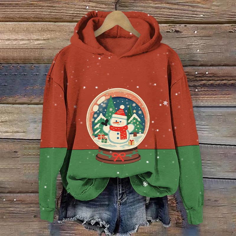 Christmas Contrast Snowman Crystal Ball Art Print Long Sleeve Hoodie - Red - US44-46(8XL) - image 1