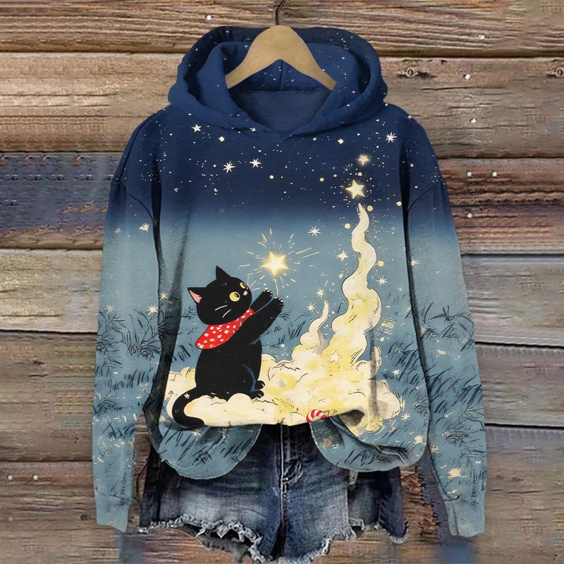 Christmas Funny Kitten Catching Stars Art Print Long Sleeve Hoodie - Blue - US44-46(8XL) - image 1
