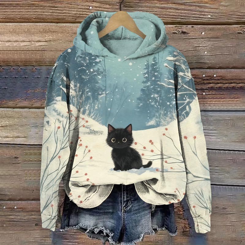 Christmas Cute Kitten On The Snow Art Print Long Sleeve Hoodie - Blue - US44-46(8XL) - image 1