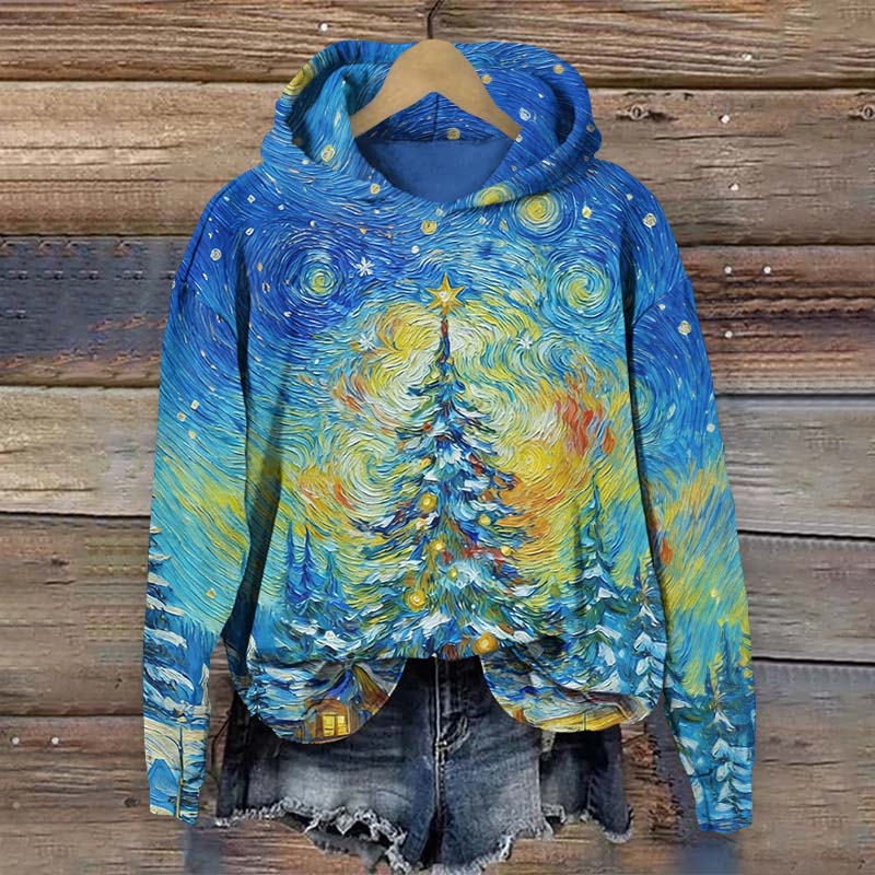 Oil Painting Abstract Christmas Tree Art Print Long Sleeve Hoodie - Blue - US44-46(8XL) - image 1