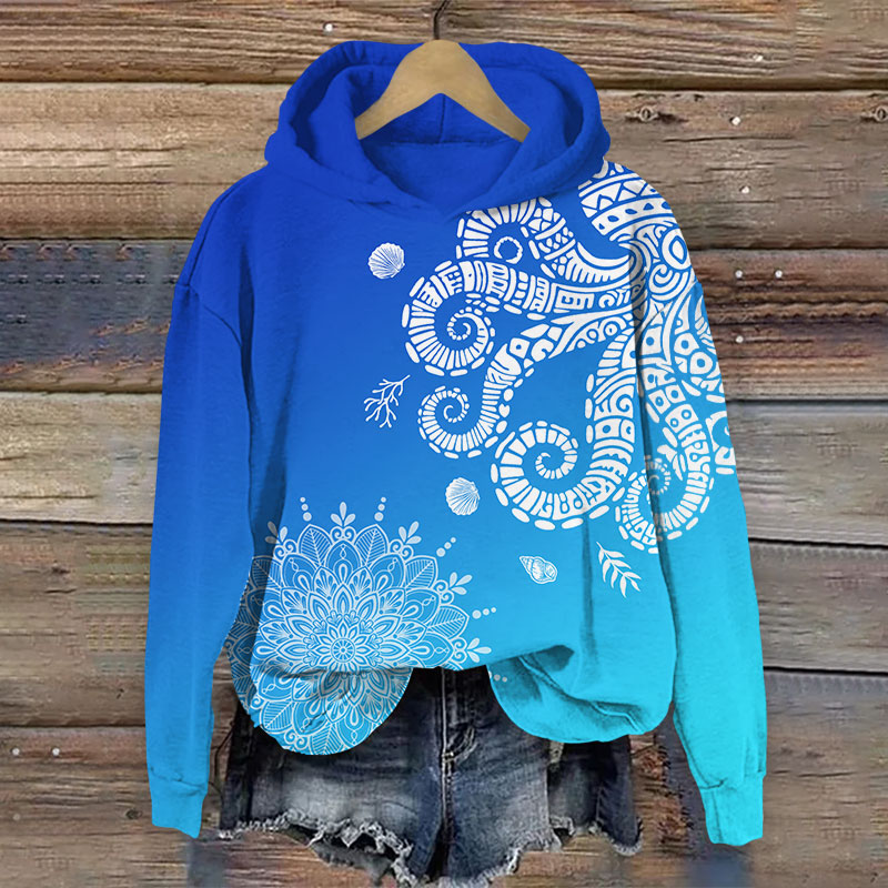 Ombre Blue Abstract Octopus & Floral Art Print Long Sleeve Hoodie - Blue - US44-46(8XL) - image 1