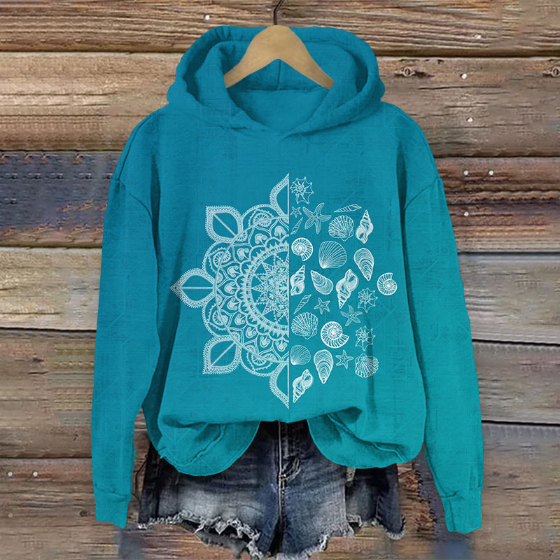 Creative Splicing Floral Shells Art Print Long Sleeve Hoodie - Blue - US44-46(8XL) - image 1