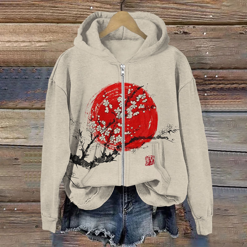 Sunrise Plum Blossom Japanese Art Print Long Sleeve Zipper Hoodie - Khaki - US28-30(4XL) - image 1