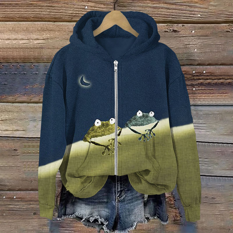 Simple Frog Color Block Print Long Sleeve Zipper Hoodie - Blue - US28-30(4XL) - image 1