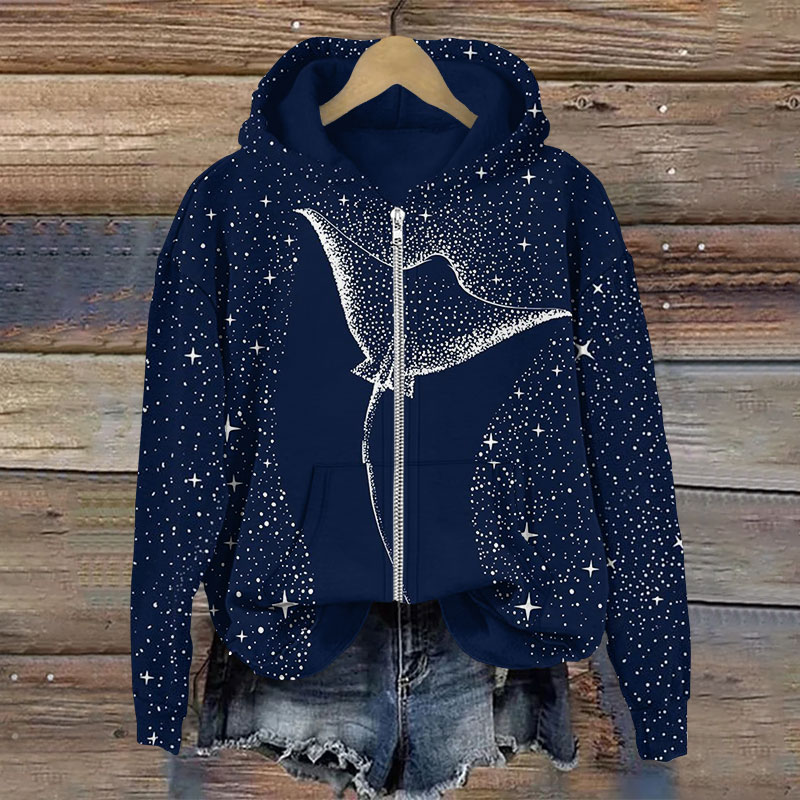 Starry Spotted Eagle Rays Print Long Sleeve Zipper Hoodie - Blue - US28-30(4XL) - image 1