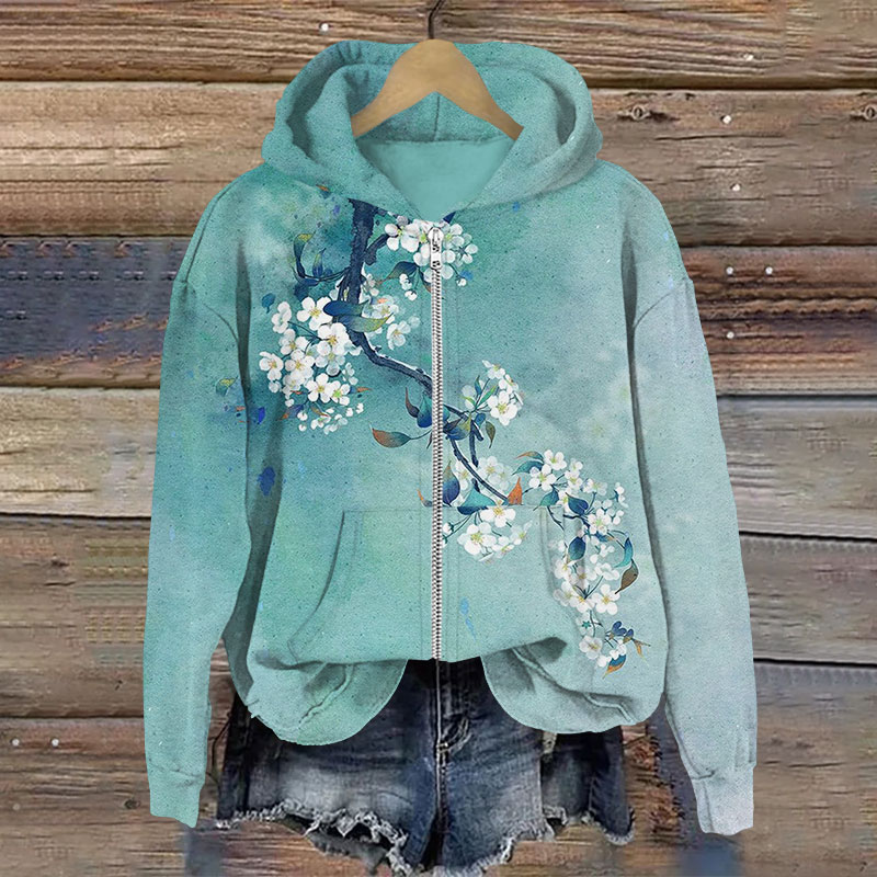 Japanese Antique Pear Blossom Ink Painting Print Long Sleeve Zipper Hoodie - Green - US28-30(4XL) - image 1