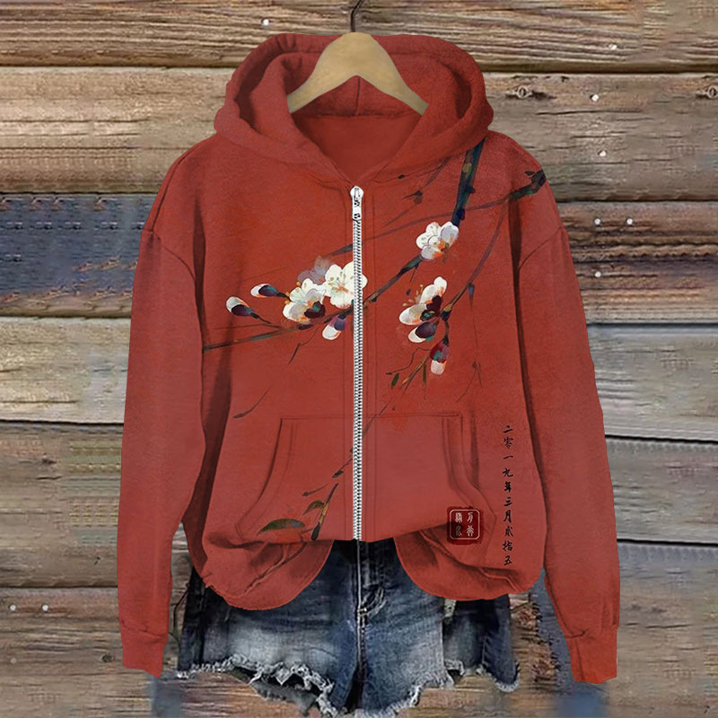Vintage Plum Blossom Art Print Long Sleeve Zipper Hoodie - Red - US28-30(4XL) - image 1