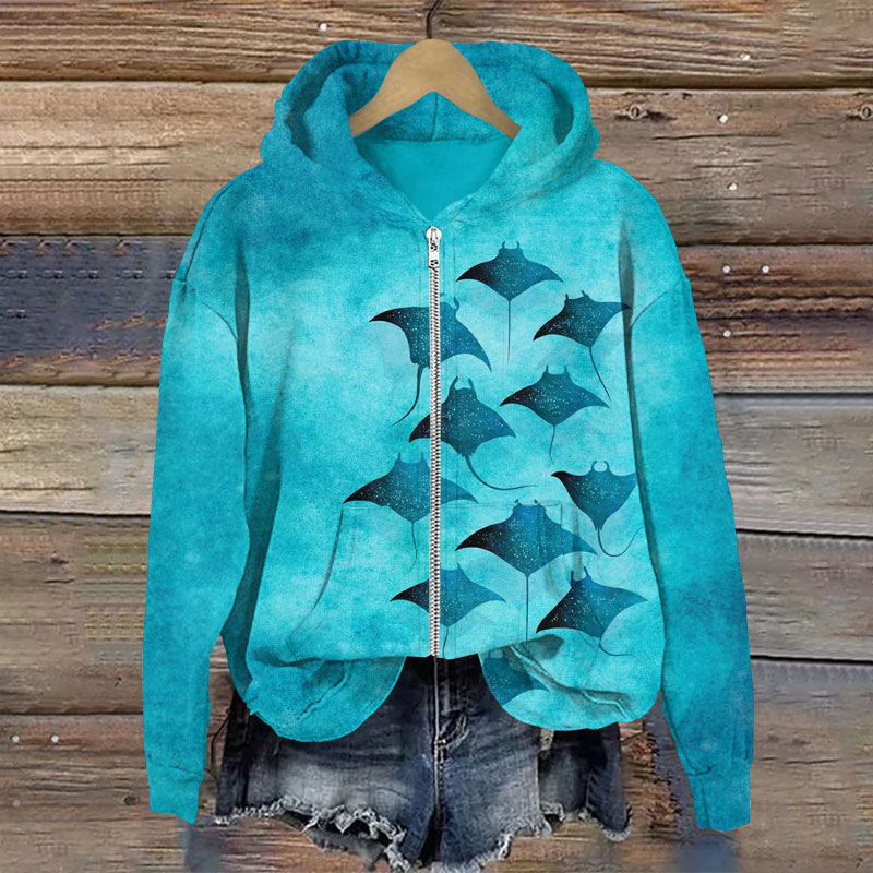 Vintage Manta Ray Art Print Long Sleeve Zipper Hoodie - Lake Blue - US28-30(4XL) - image 1