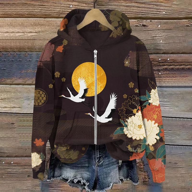 Vintage Japanese Peony Crane Art Print Long Sleeve Zipper Hoodie - Brown - US28-30(4XL) - image 1