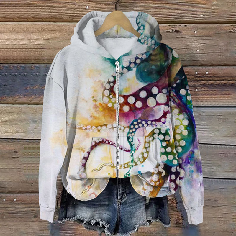 Watercolor Ombre Octopus Art Print Long Sleeve Zipper Hoodie - Light Gray - US28-30(4XL) - image 1