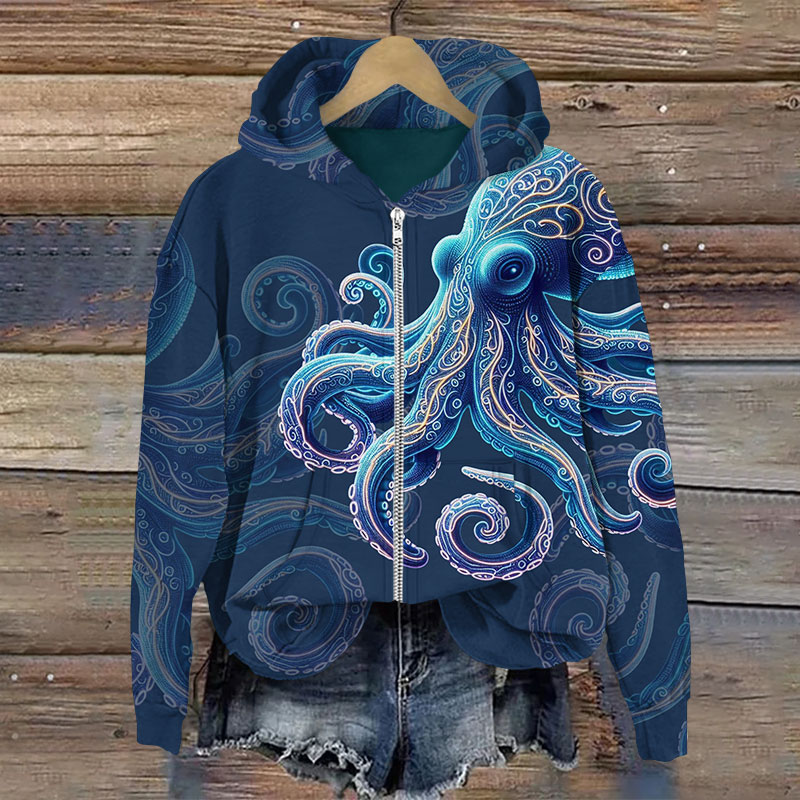 Vintage Wise Ocean Octopus Print Long Sleeve Zipper Hoodie - Blue - US28-30(4XL) - image 1