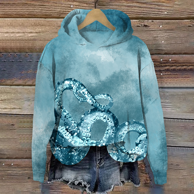 Creative Oil Painting Octopus Tentacles Art Print Long Sleeve Hoodie - Blue - US44-46(8XL) - image 1