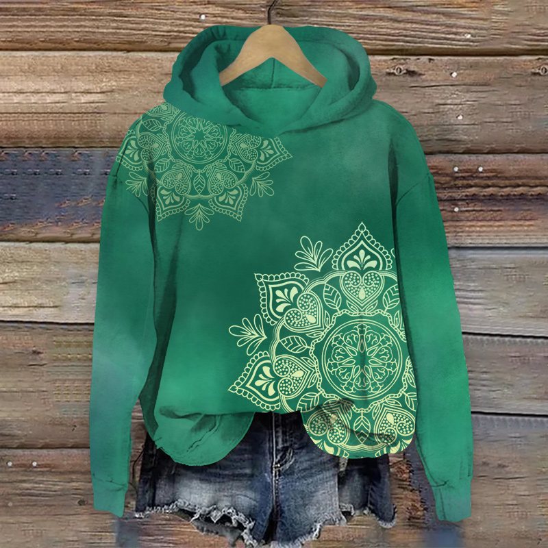 Vintage Ethnic Floral Pattern Art Print Long Sleeve Hoodie - Green - US44-46(8XL) - image 1