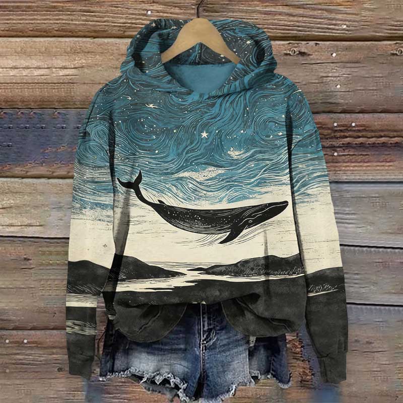 Oil Painting Ink Whale Over The Sea Art Print Long Sleeve Hoodie - Blue - US44-46(8XL) - image 1