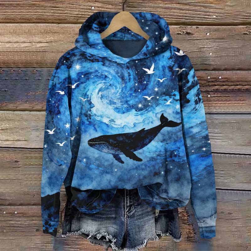 Whale Under Fantasy Starry Sky Art Print Long Sleeve Hoodie - Blue - US44-46(8XL) - image 1