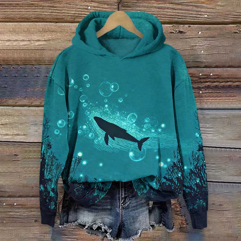 Vintage Abstract Bubble Whale Art Print Long Sleeve Hoodie - Green - US44-46(8XL) - image 1