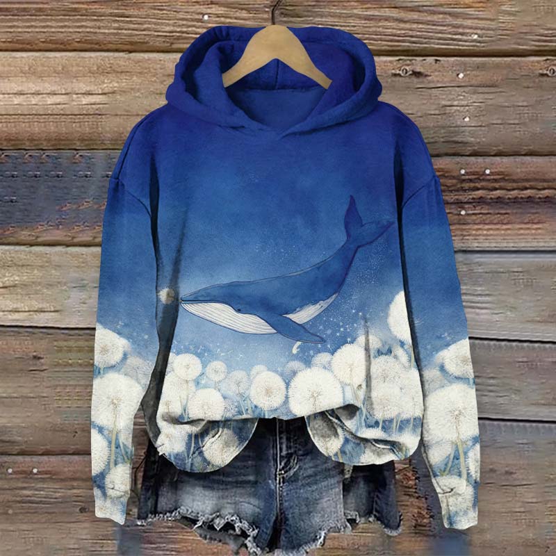 Lovely Whale Surrounded By Dandelion Art Print Long Sleeve Hoodie - Blue - US44-46(8XL) - image 1