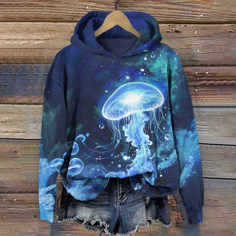 Creative Glowing Jellyfish Art Print Long Sleeve Hoodie - Blue - US44-46(8XL) - image 1