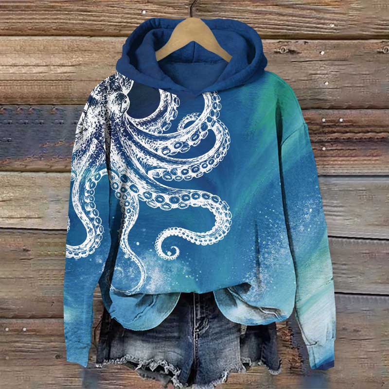 Vintage Aurora Abstract White Octopus Art Print Long Sleeve Hoodie - Blue - US44-46(8XL) - image 1