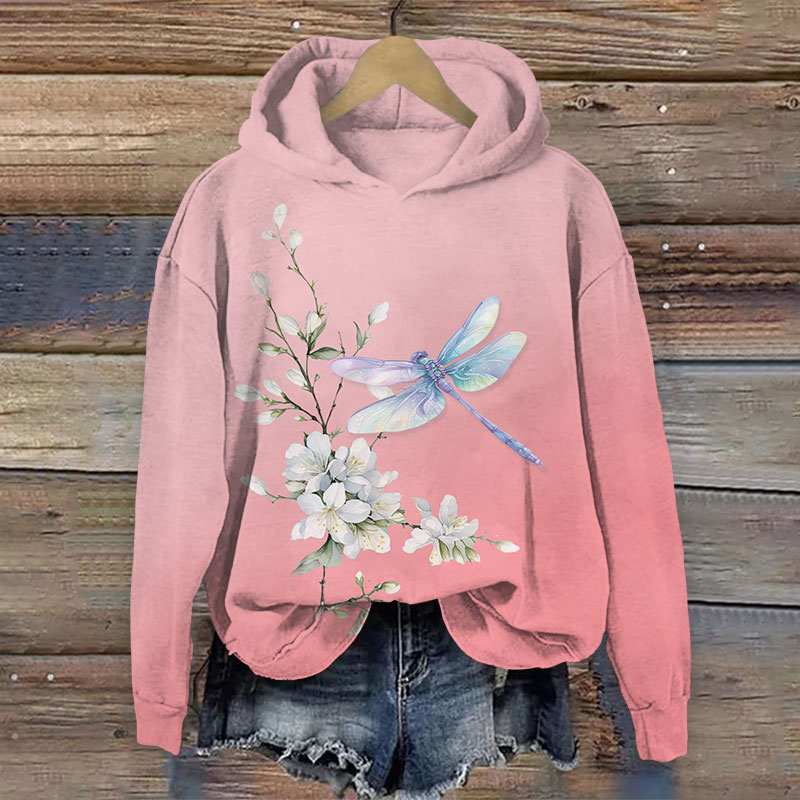 Vintage Spring Dragonfly & Pear Blossom Art Print Long Sleeve Hoodie - Pink - US44-46(8XL) - image 2