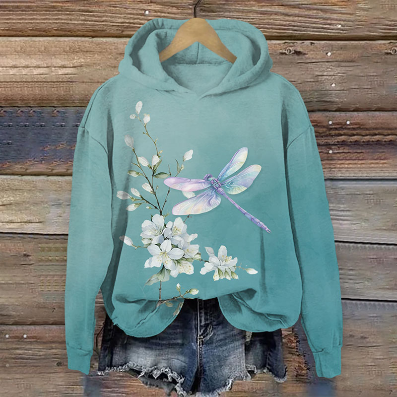 Vintage Spring Dragonfly & Pear Blossom Art Print Long Sleeve Hoodie - Green - US44-46(8XL) - image 1